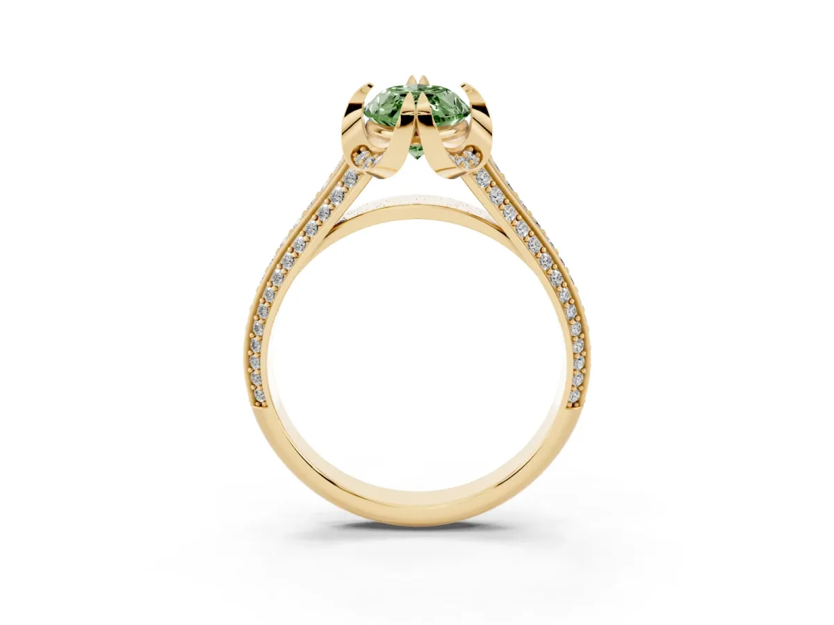 Fancy Green Marquise Cut Solitaire Pave Split Shank Ring with Four-Prong Setting Yellow gold