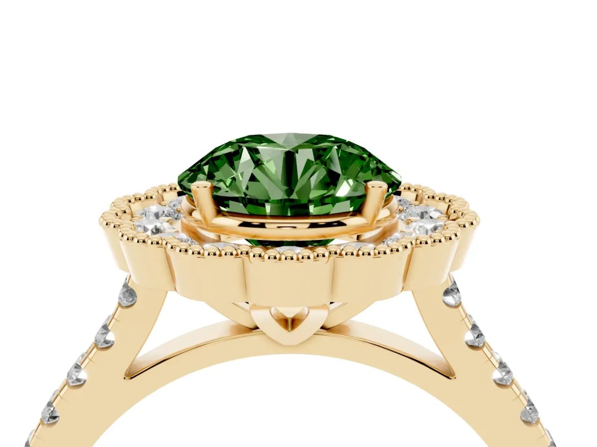 Fancy Green Round Cut Cut Diamond Milgrain Floral Halo Engagement Ring with Pavé Band Yellow gold