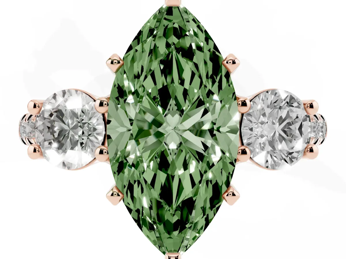 Fancy Green Three-Stone Marquise Cut Diamond Pavé Band with Four-Prong Setting Rose gold