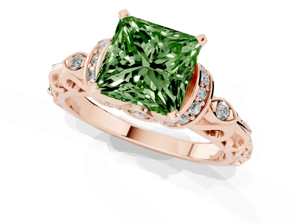 Fancy Green Princess Cut Diamond Solitaire Ring with Filigree Band and Four-Prong Setting Rose gold