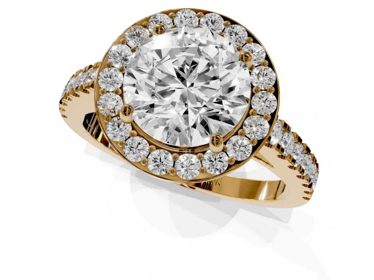 Round Cut Diamond Halo Ring with Round Pavé Split Shank and Prong Setting Yellow gold