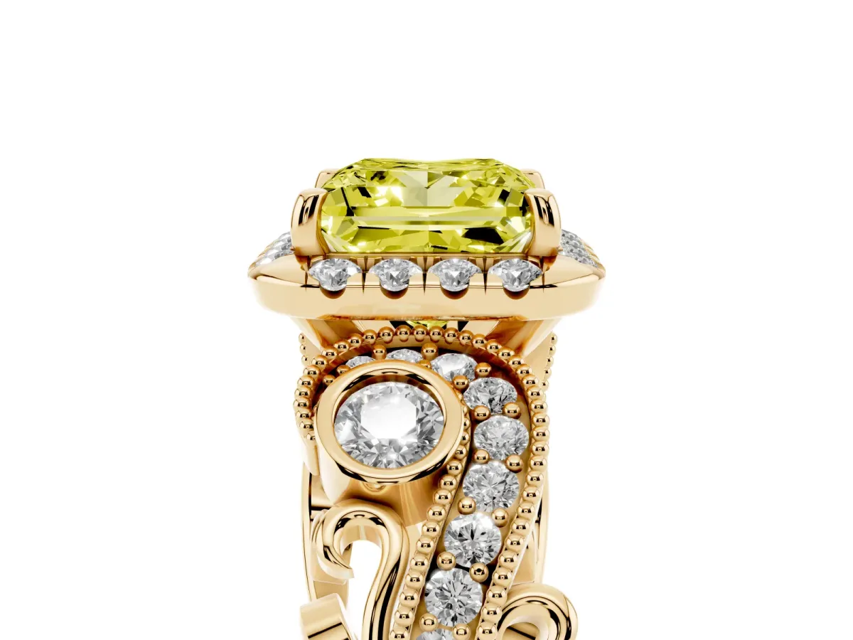 Fancy Yellow Princess Cut Diamond Halo Ring with Milgrain Pavé Band and Four-Prong Setting Yellow gold