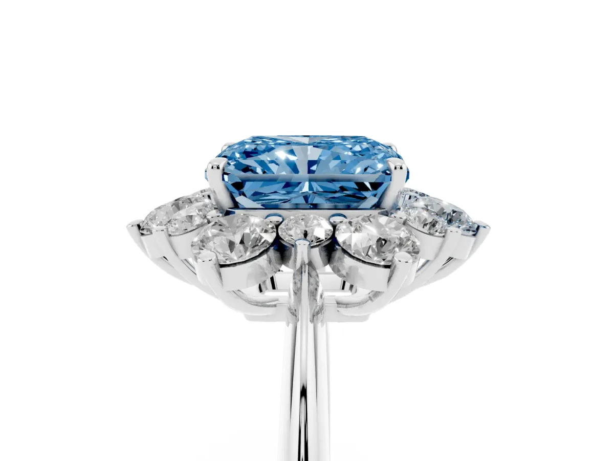 Fancy Blue Radiant Cut Diamond Cluster Halo Ring with Solitaire Band and Four-Prong Setting White gold