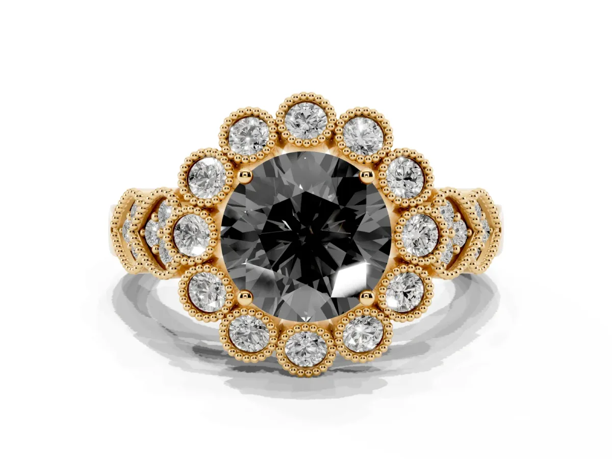 Fancy Black Round Cut Brilliant Milgrain Pave Heart Band Solitaire Ring Yellow gold