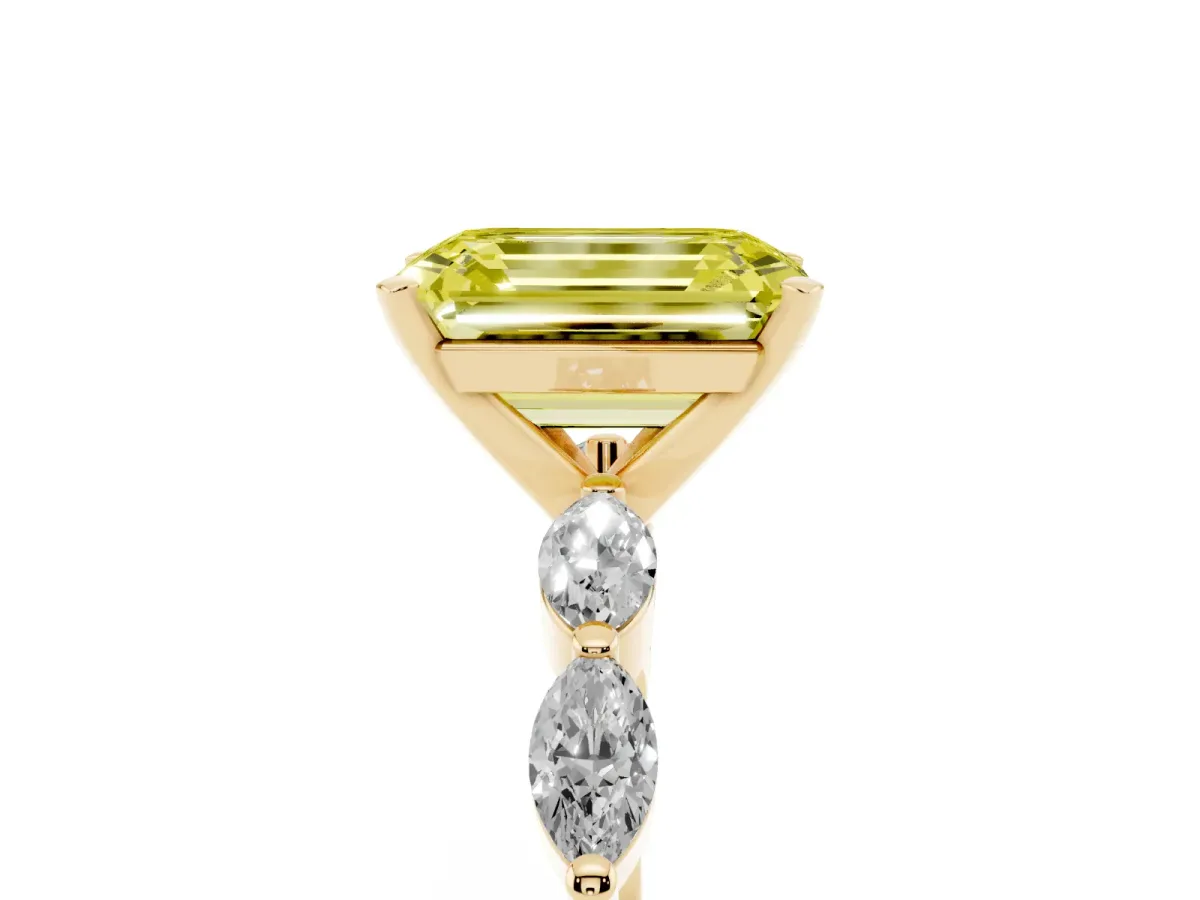 Fancy Yellow Emerald Cut Diamond Ring with Marquise Side Stones and Prong Setting Yellow gold