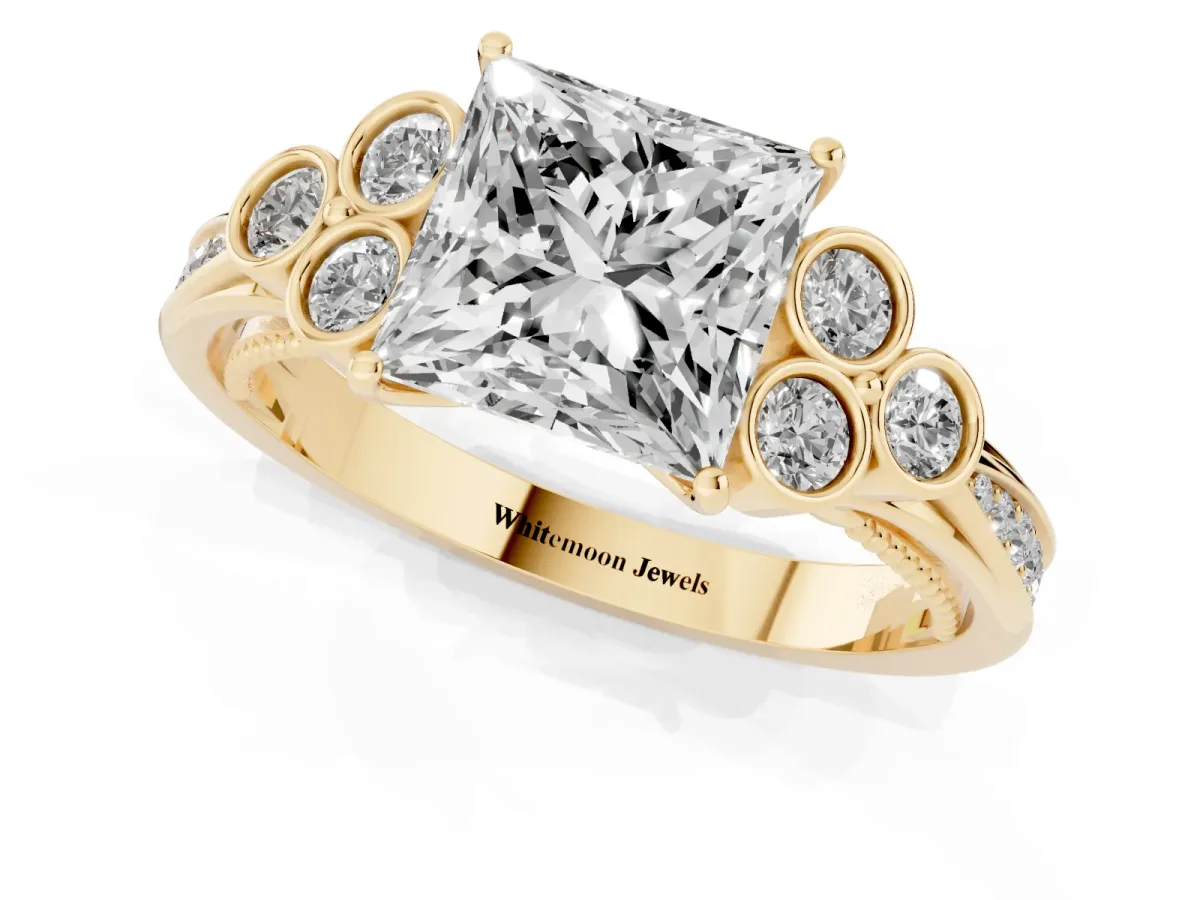 Princess Cut Cut Diamond Engagement Ring with Bezel Set Round Side Stones and Prong Setting Yellow gold