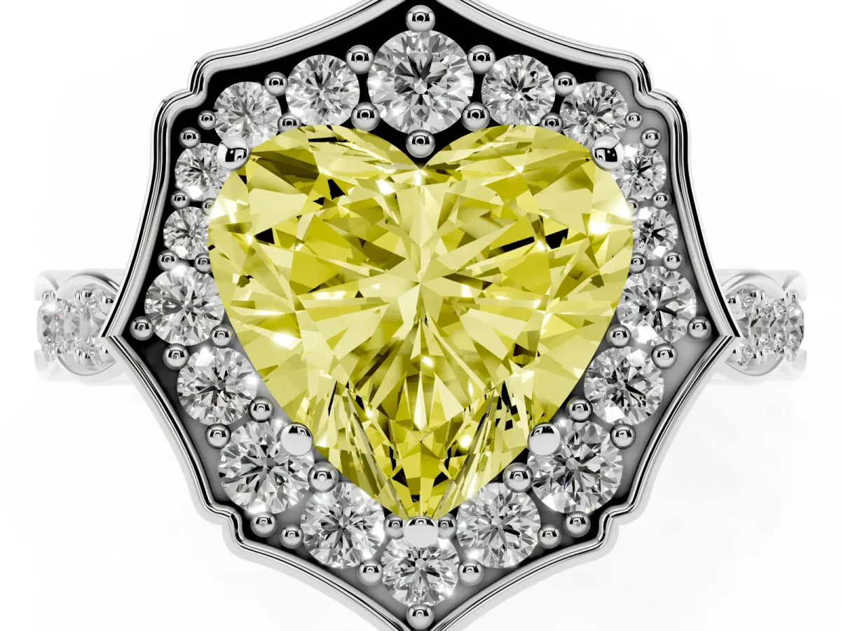 Fancy Yellow Heart Cut Halo Diamond Engagement Ring with Milgrain Band and Four-Prong Setting White gold
