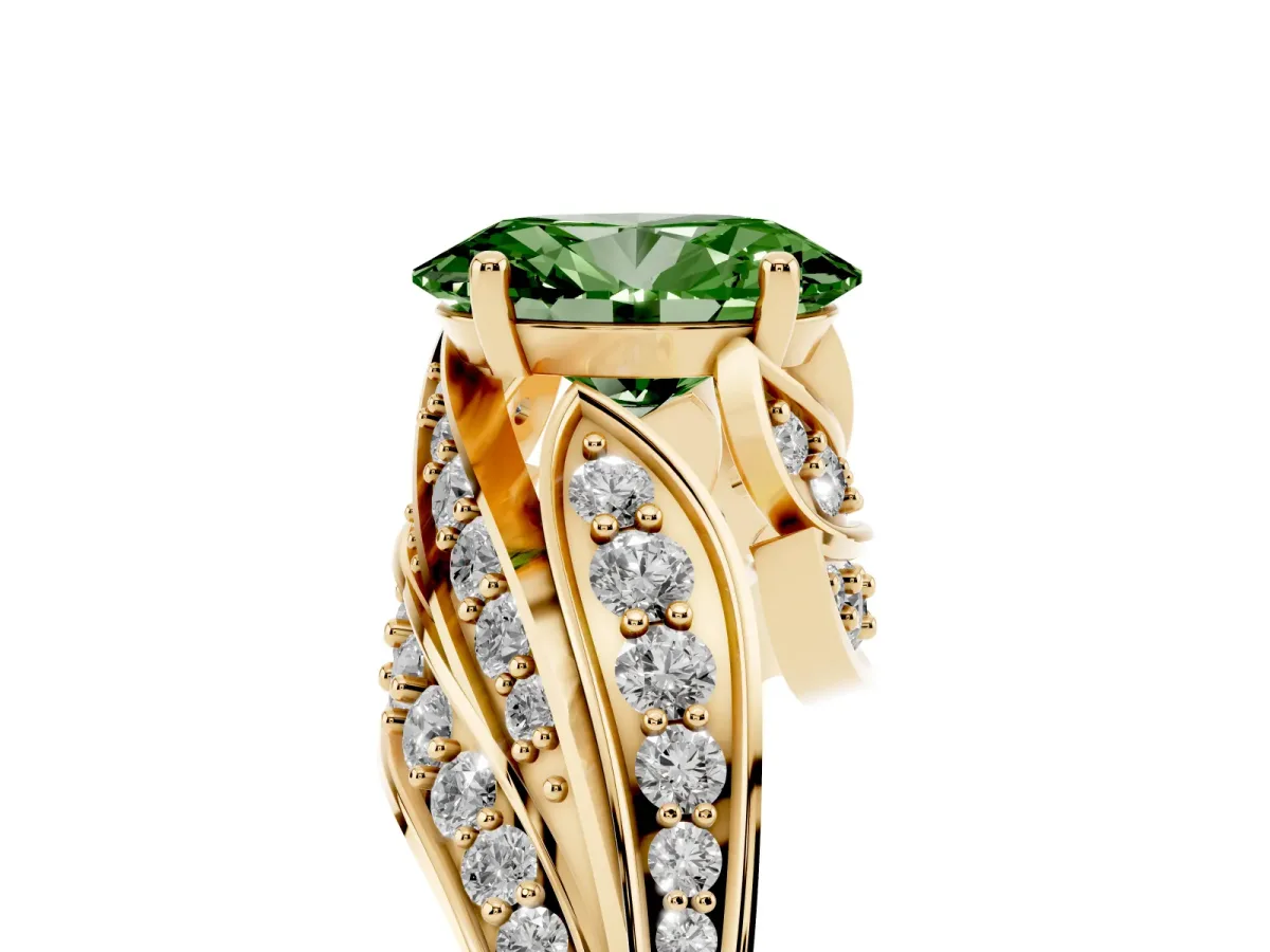 Fancy Green Oval Cut Diamond Solitaire Ring with Prong Setting and Twisted Pavé Band Yellow gold