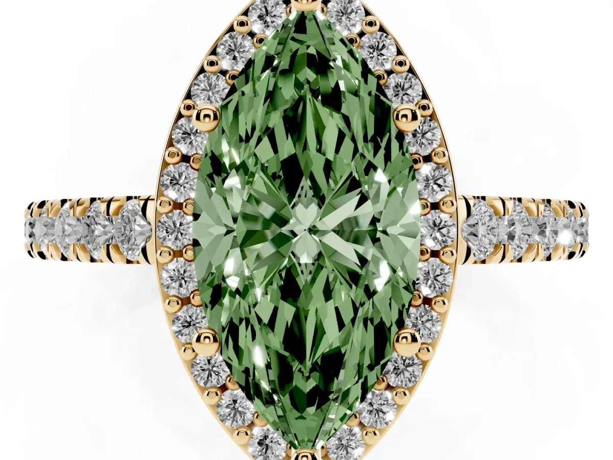 Fancy Green Marquise Cut Cut Halo Diamond Engagement Ring with Pave Band and Four-Prong Setting Yellow gold