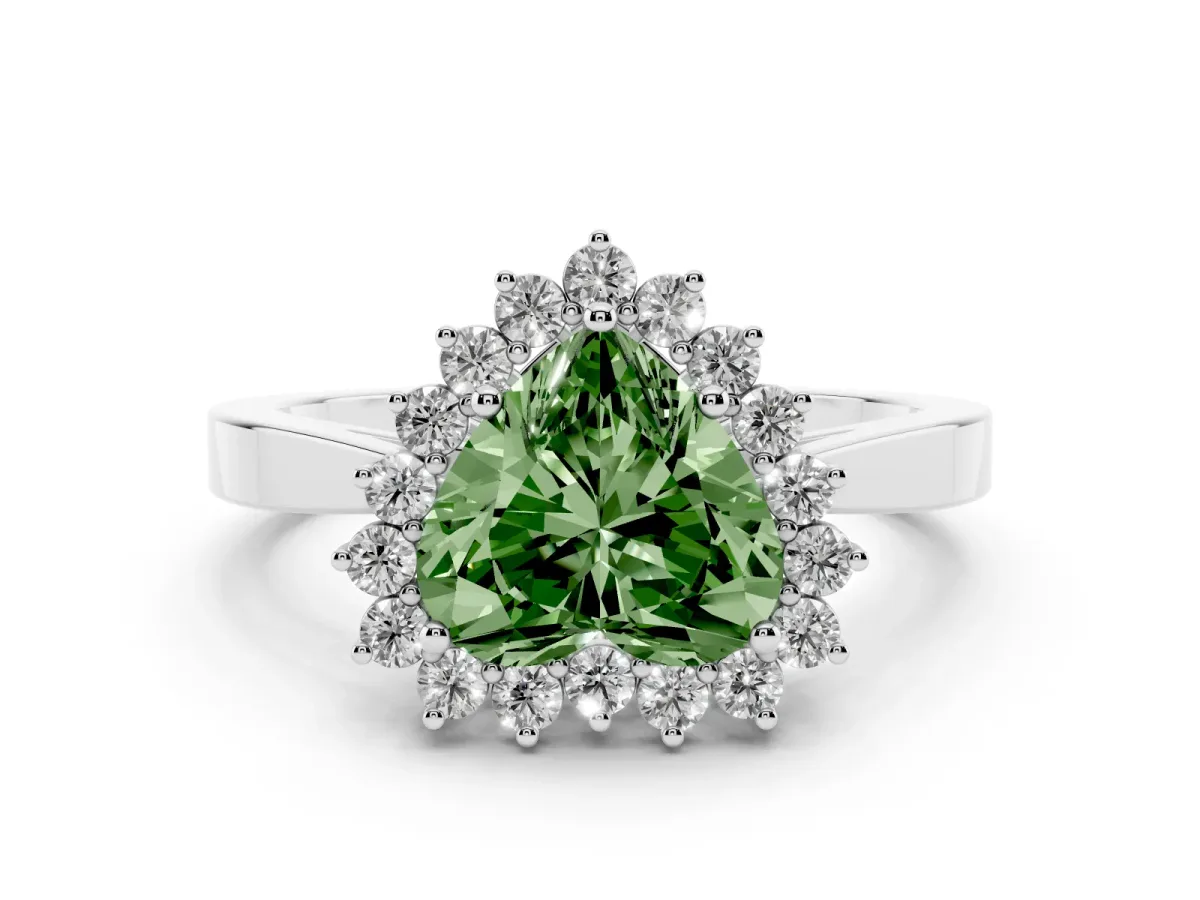 Fancy Green Heart Cut Cut Diamond Halo Ring with Round Brilliant Halo and Solitaire Band Silver