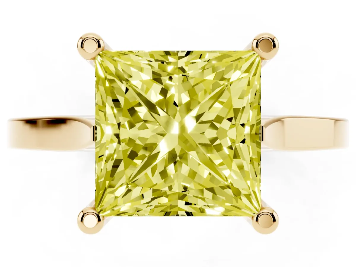 Fancy Yellow Princess Cut Solitaire Diamond Ring with Four-Prong Setting and Tapered Band Yellow gold