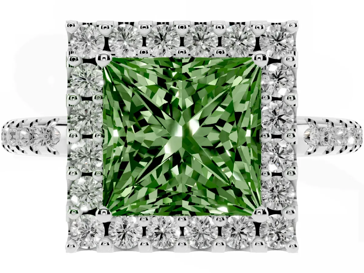 Fancy Green Princess Cut Diamond Pavé Halo Ring with Four-Prong Setting Silver