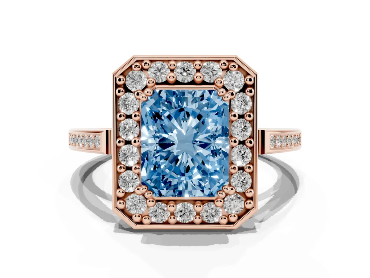 Fancy Blue Radiant Cut Diamond Halo Ring with Split Shank and Four-Prong Setting Rose gold
