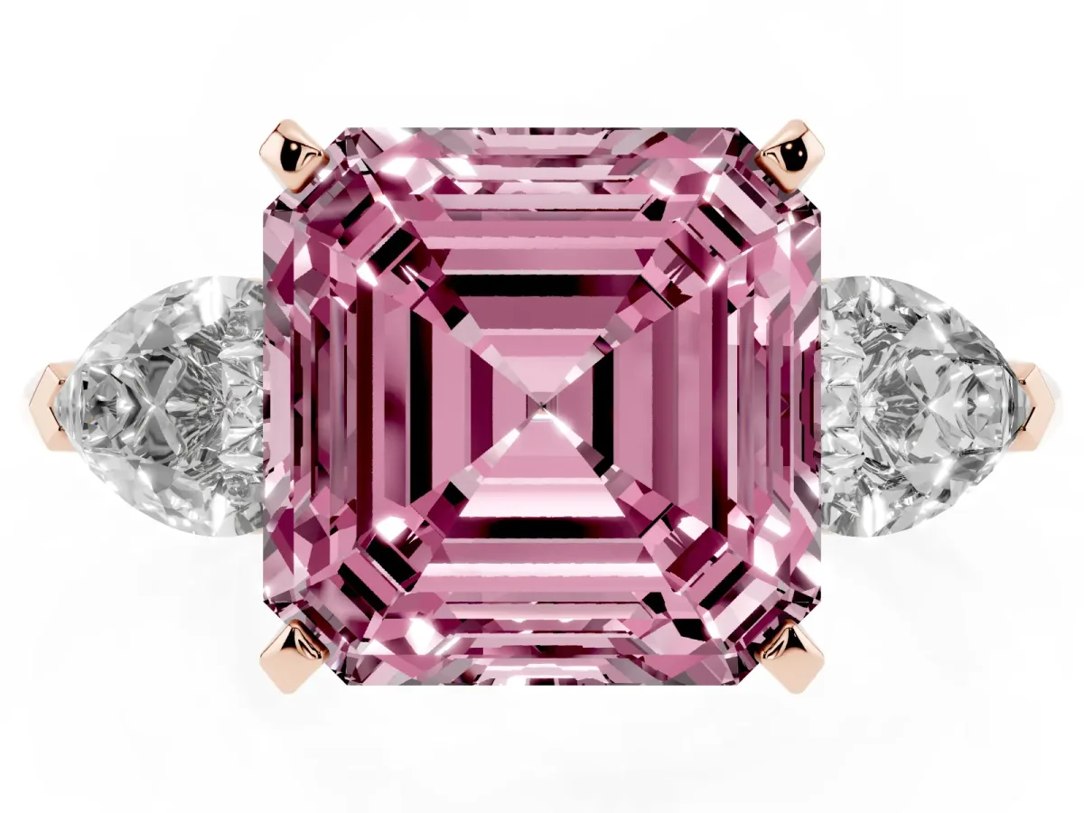 Fancy Pink Three-Stone Asscher Cut Diamond Ring with Pear Side Stones and Four-Prong Setting Rose gold