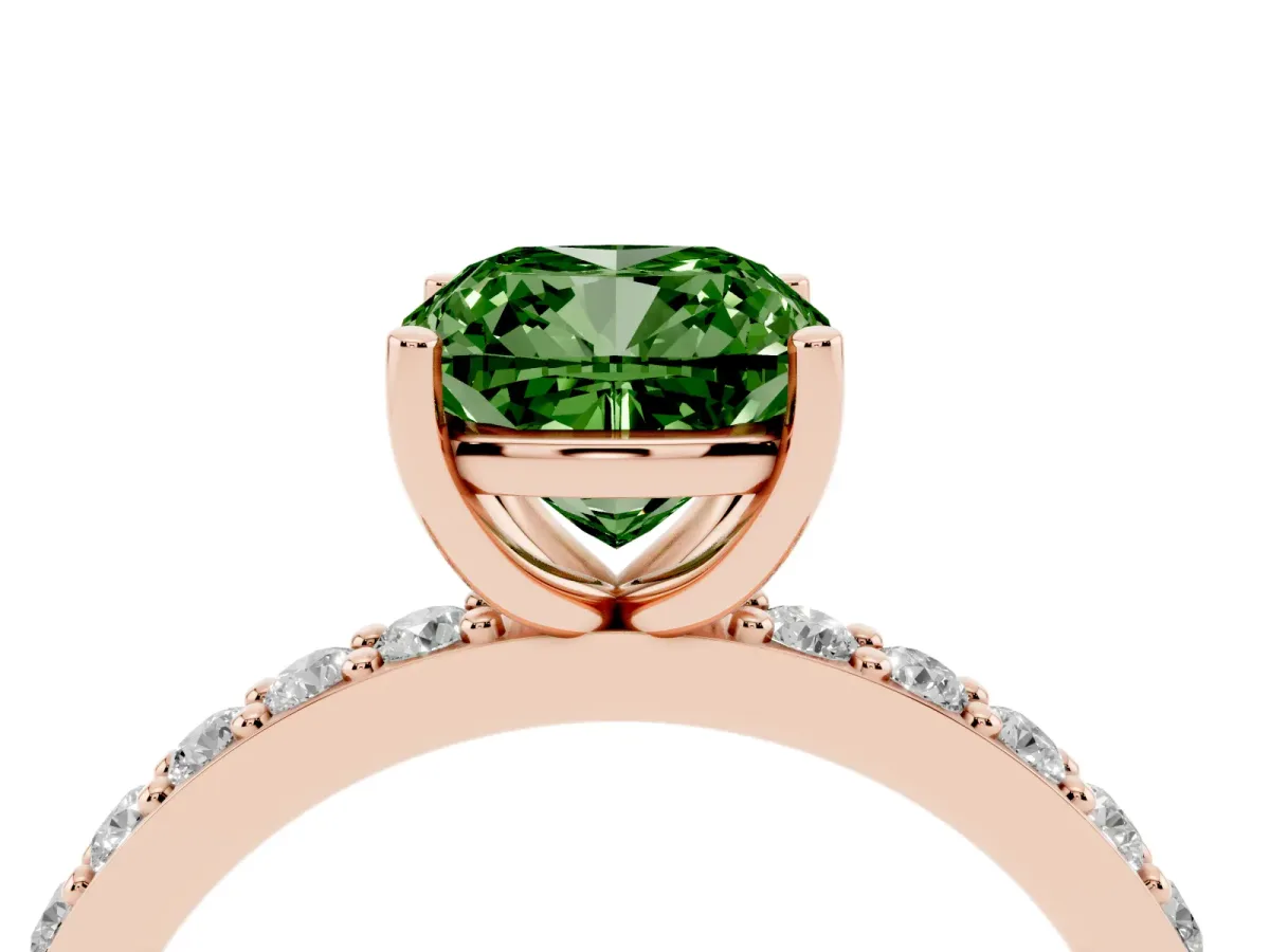 Fancy Green Cushion Cut Cut Diamond Solitaire with Pave Band and Four-Prong Setting Rose gold