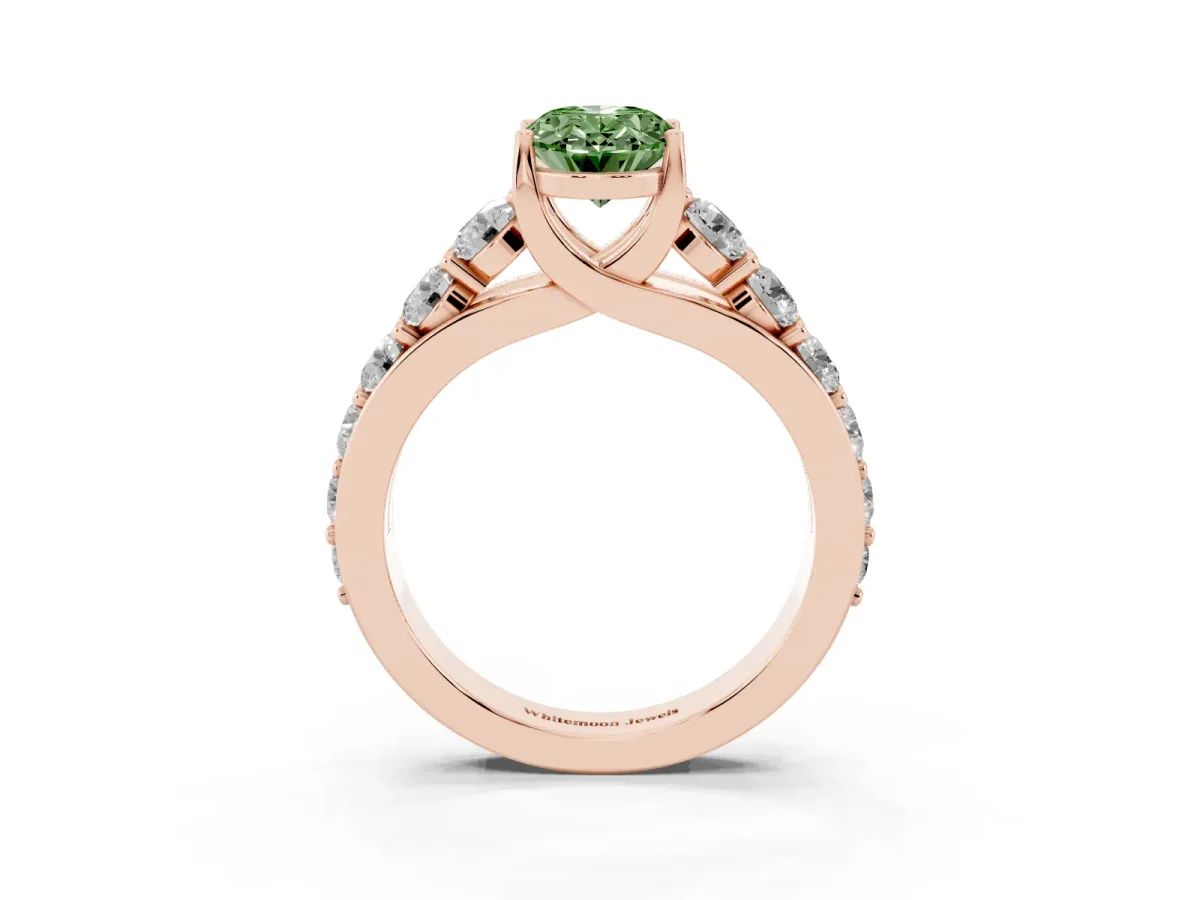 Fancy Green Oval Cut Diamond Engagement Ring with Pavé Band and Four-Prong Setting Rose gold