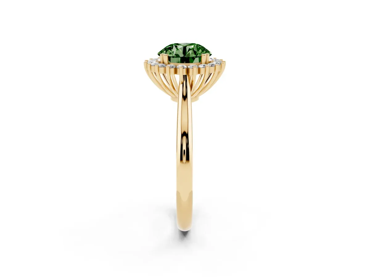 Fancy Green Round Cut Cut Diamond Halo Ring with Solitaire Band and Prong Setting Yellow gold