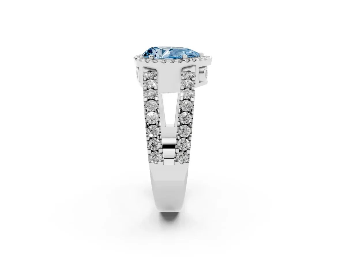 Fancy Blue Pear Cut Cut Halo Split Shank Diamond Ring with Four-Prong Setting Silver