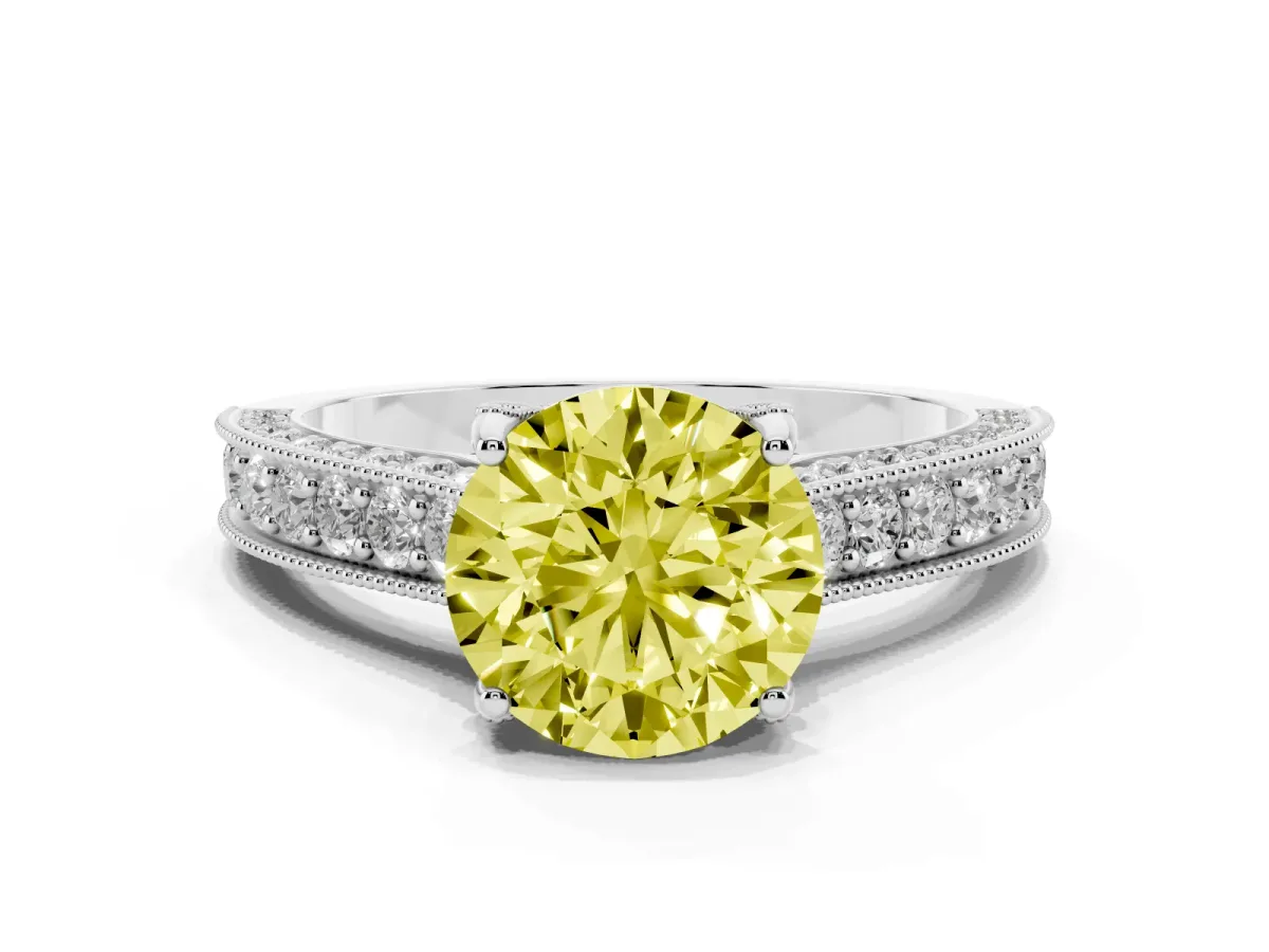 Fancy Yellow Round Cut Cut Diamond Solitaire Ring with Milgrain Pave Band and Four Prong Setting Silver