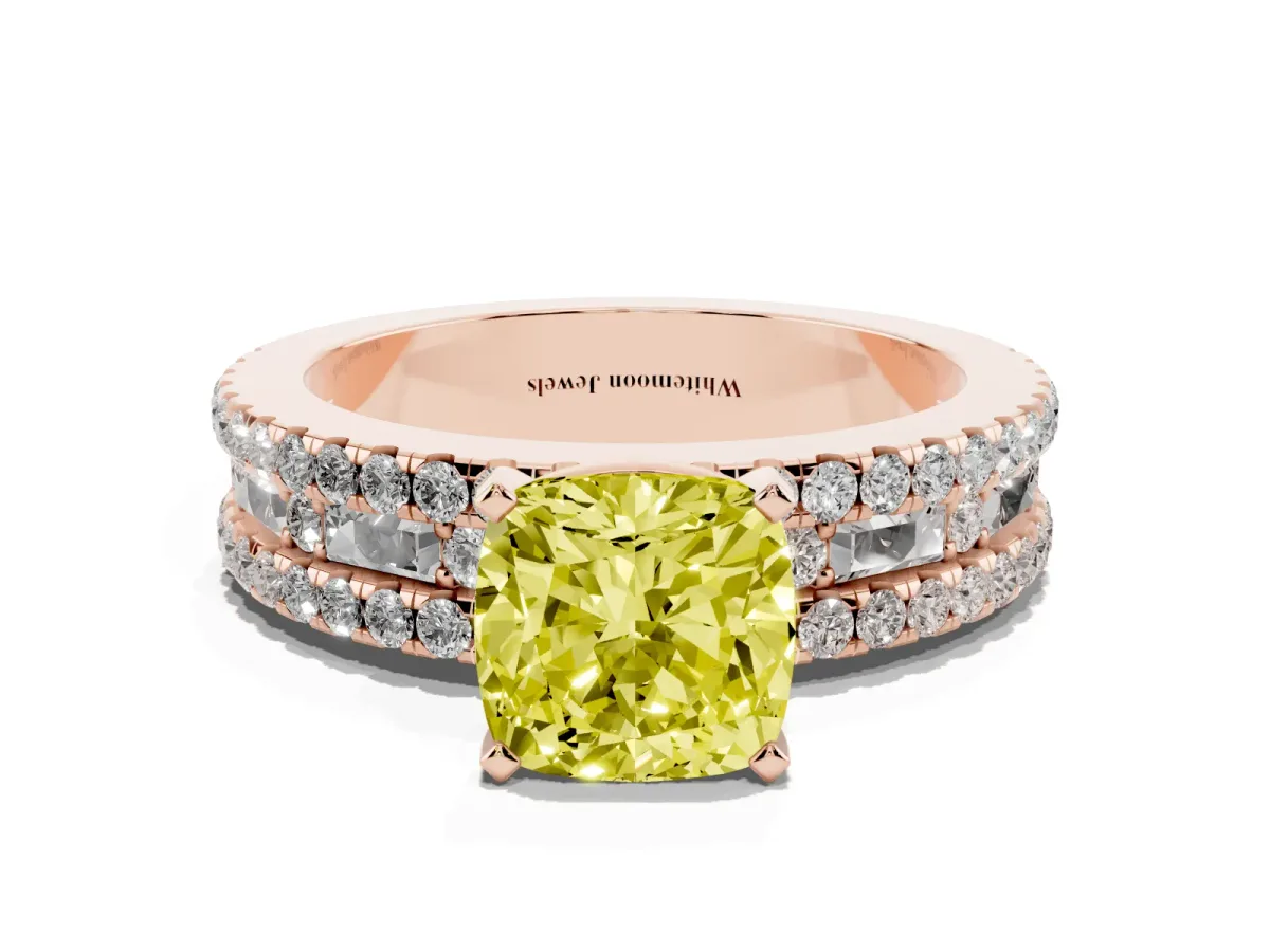 Fancy Yellow Cushion Cut Diamond Solitaire Ring with Pavé and Channel Set Band Rose gold