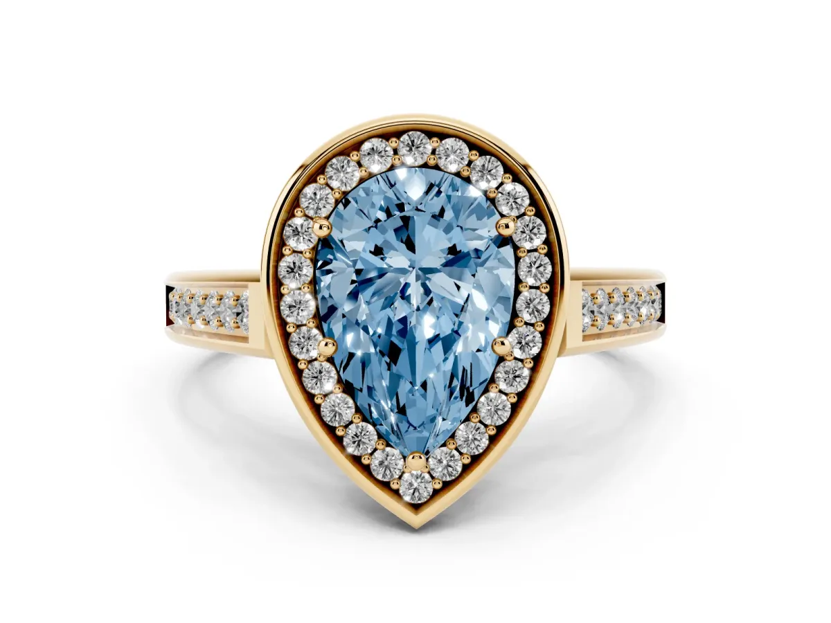 Fancy Blue Pear Cut Halo Solitaire Diamond Ring with Pave Band and Bezel Setting Yellow gold