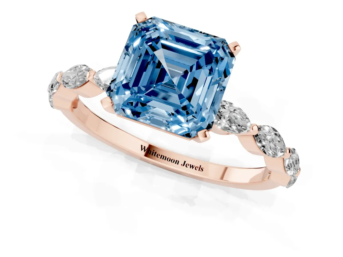 Fancy Blue Asscher Cut Diamond Ring with Marquise Side Stones and Prong Setting Rose gold