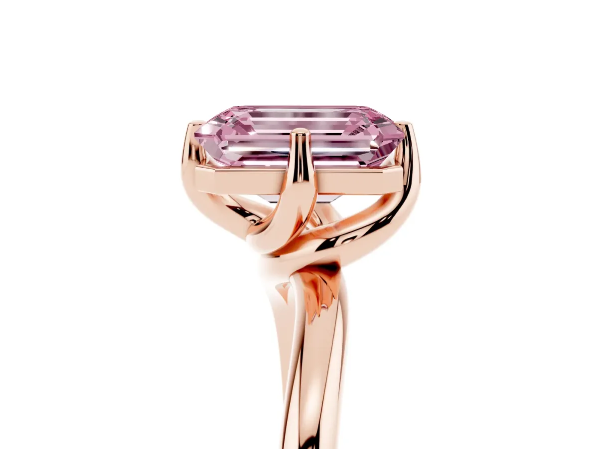 Fancy Pink Emerald Cut Diamond Solitaire Engagement Ring with Four-Prong Setting and Classic Band Rose gold