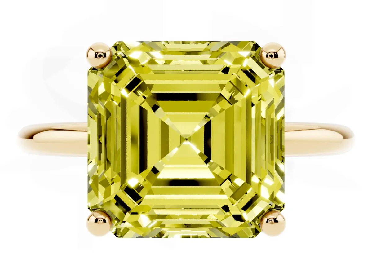 Fancy Yellow Asscher Cut Solitaire Diamond Ring with 4-Prong Setting on a Classic Band Yellow gold