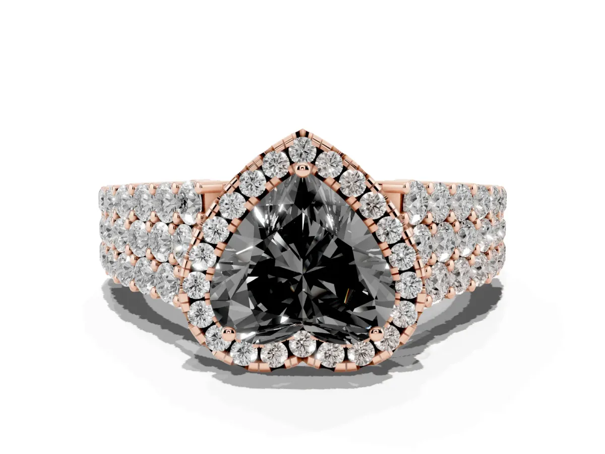 Fancy Black Heart Cut Diamond Halo Engagement Ring with Triple Row Round Pavé Band and Prong Setting Rose gold