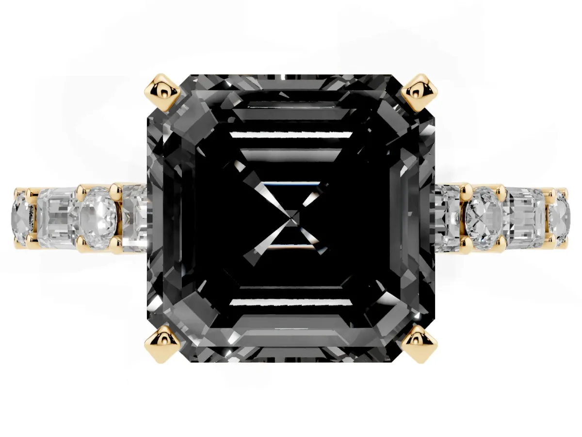 Fancy Black Asscher Cut Diamond Solitaire with Side Baguettes and Channel Set Band Yellow gold