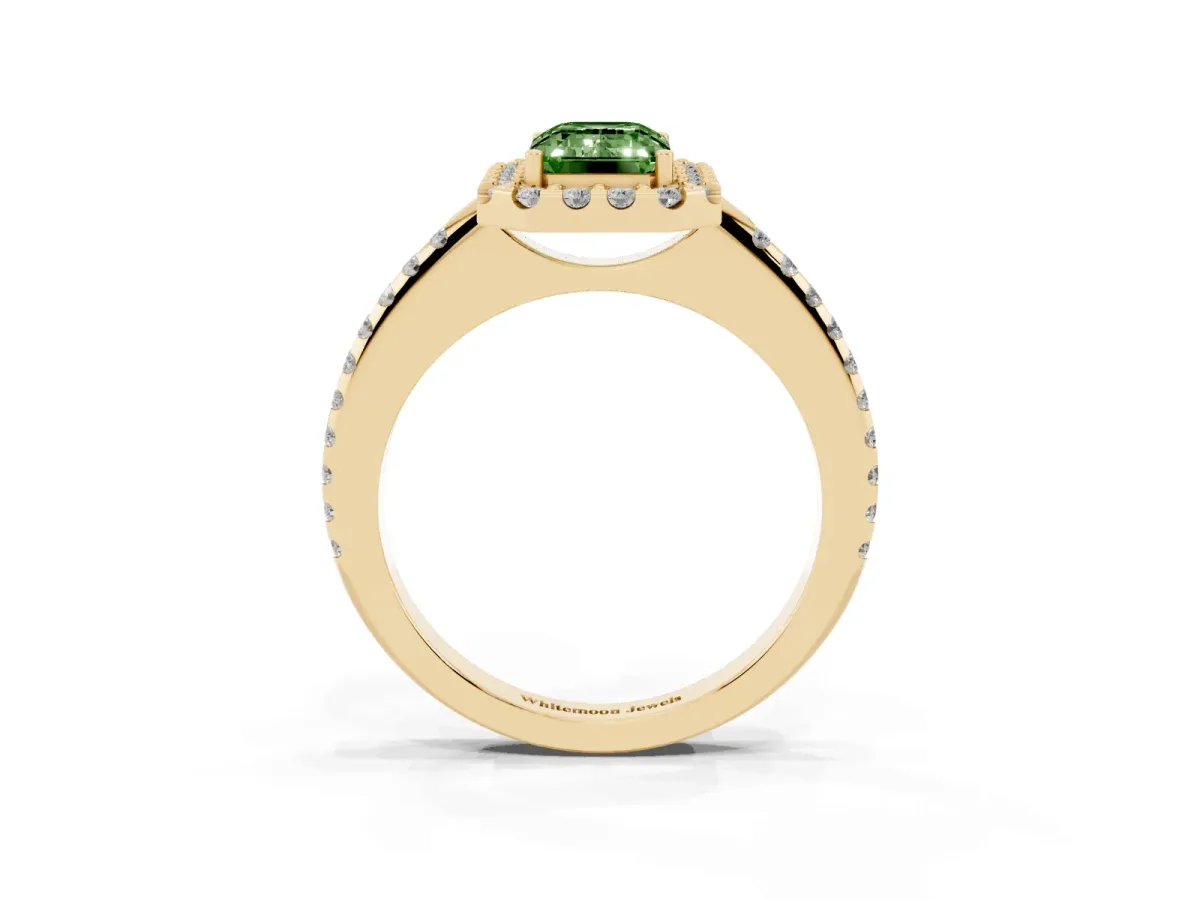 Fancy Green Emerald Cut Diamond Pavé Halo Ring with Four-Prong Setting Yellow gold