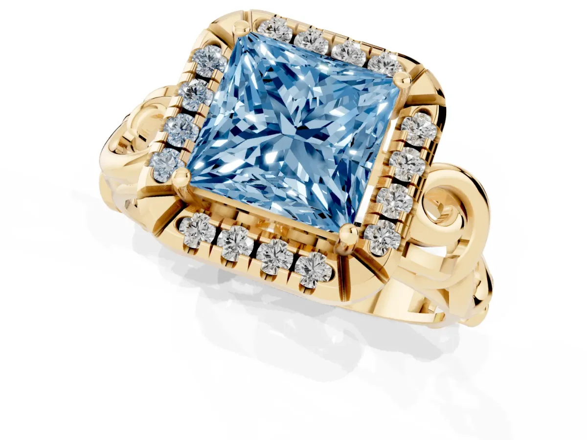 Fancy Blue Princess Cut Cut Halo Diamond Ring with Scrollwork Band and Four-Prong Setting Yellow gold