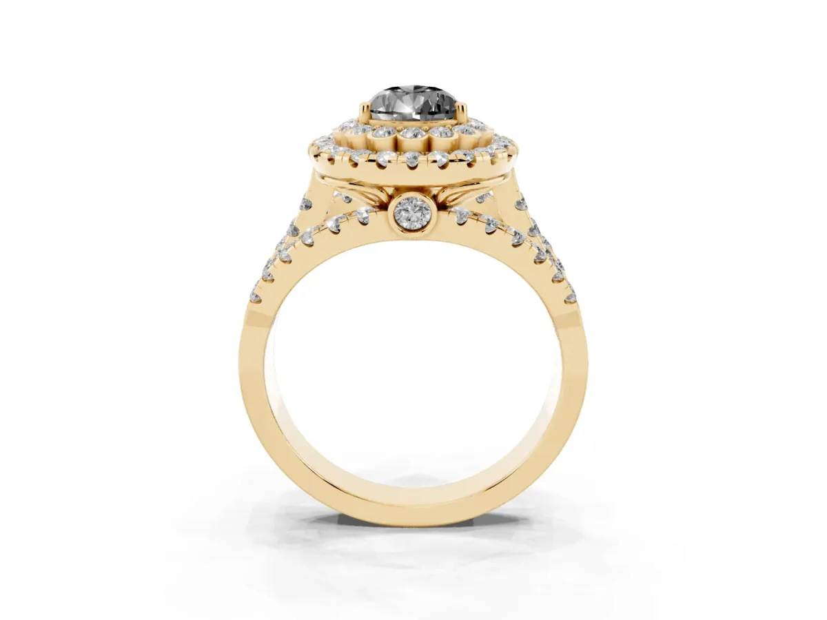 Fancy Black Pear Cut Diamond Double Halo Ring with Round Pavé Split Shank and Prong Setting Yellow gold