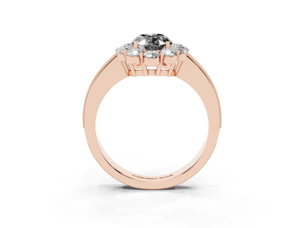 Fancy Black Oval Cut Cut Halo Diamond Pavé Engagement Ring with Milgrain Detailing Rose gold