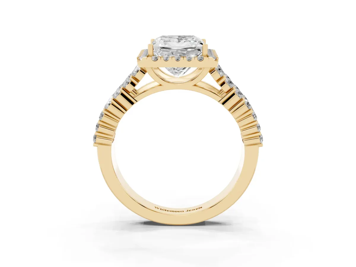 Princess Cut Diamond Halo Engagement Ring with Triple Row Round Pavé Band and Prong Setting Yellow gold