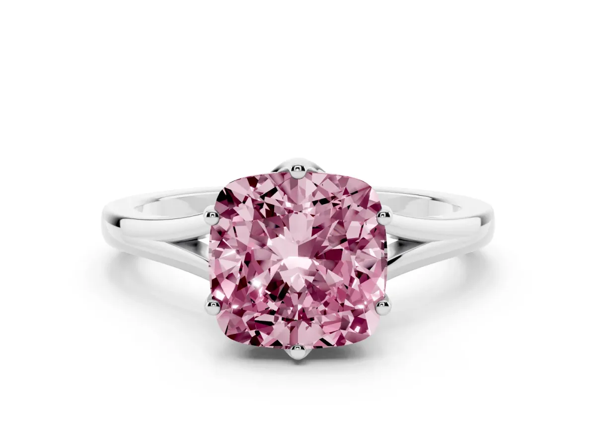 Fancy Pink Cushion Cut Solitaire Diamond Ring with Six-Prong Setting and Tapered Band Platinum