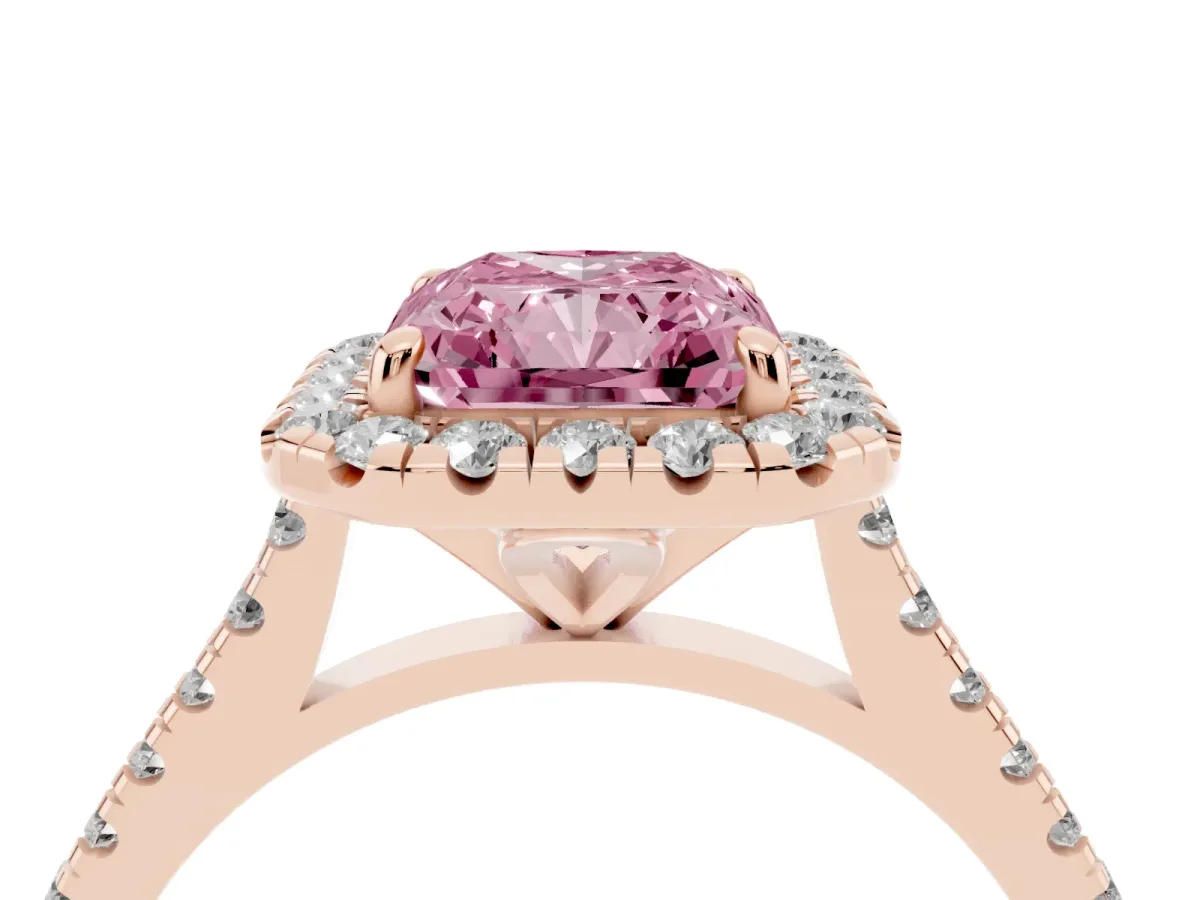 Fancy Pink Radiant Cut Diamond Cushion Halo Ring with Pavé Band Rose gold