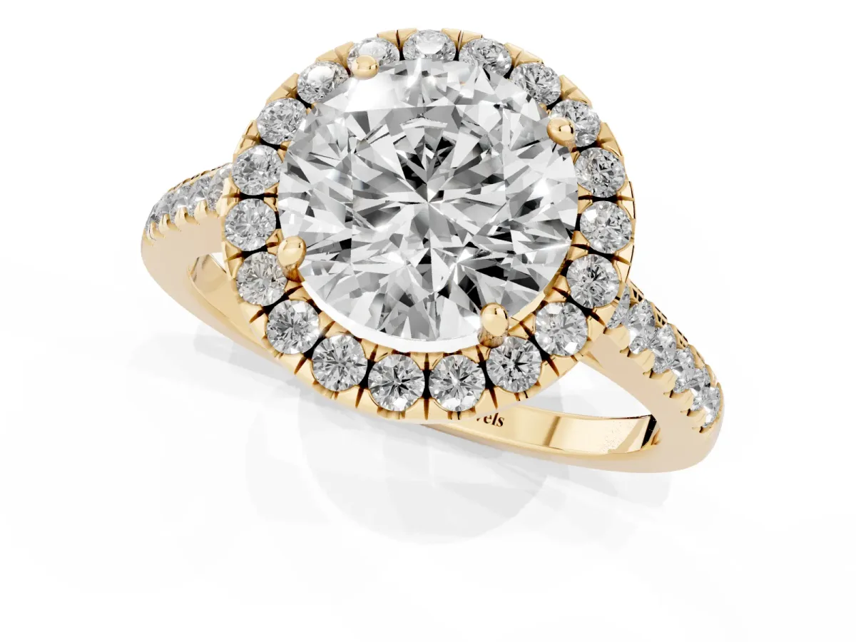 Round Cut Halo Pave Diamond Engagement Ring with Four-Prong Setting Yellow gold