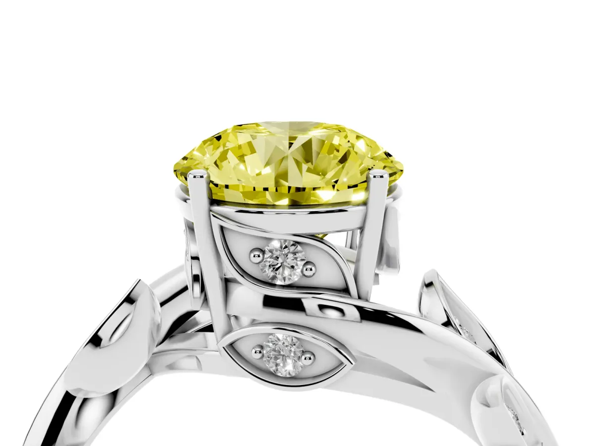 Fancy Yellow Round Cut Solitaire Twist Engagement Ring with Leaf Accents and Prong Setting Silver