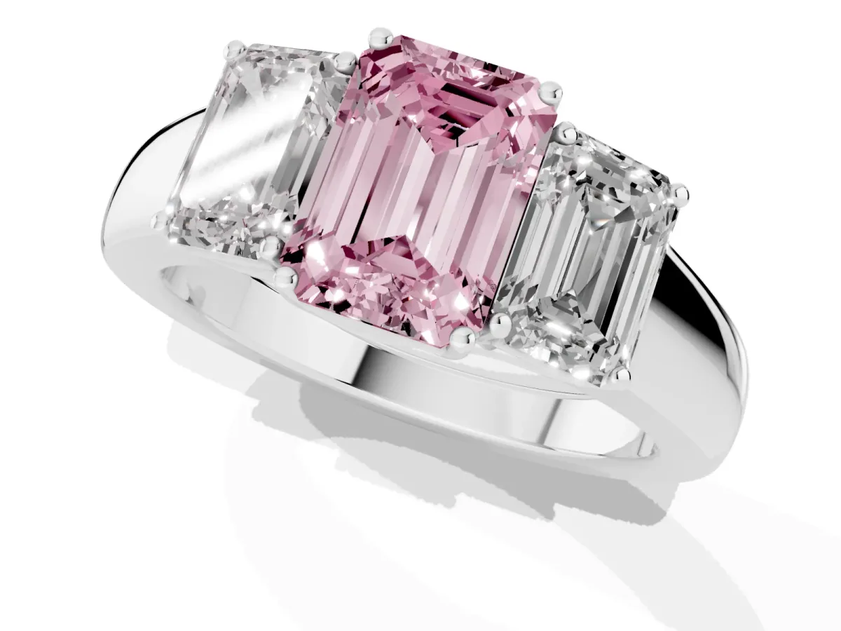 Fancy Pink Three-Stone Emerald Cut Cut Diamond Ring with Prong Setting and Classic Band Platinum
