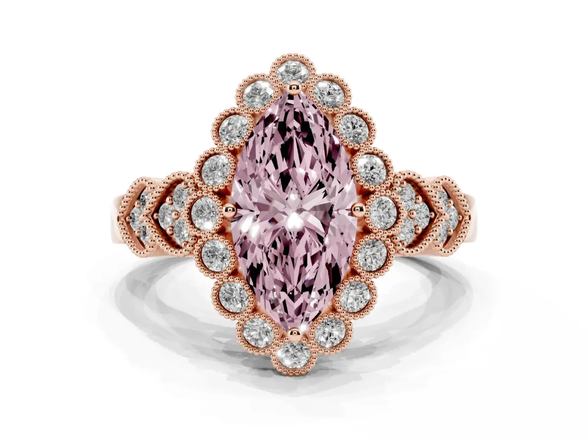 Fancy Pink Marquise Cut Brilliant Milgrain Pave Heart Band Solitaire Ring Rose gold