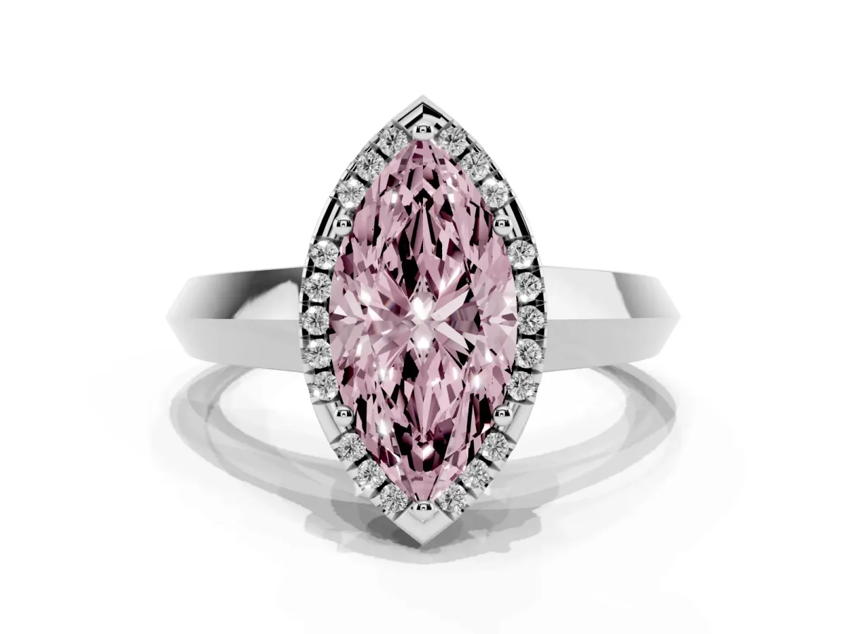 Fancy Pink Marquise Cut Halo Diamond Ring with Cathedral Band and Four-Prong Setting Platinum