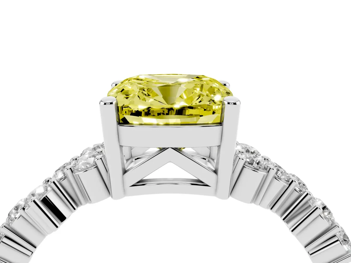 Fancy Yellow Cushion Cut Diamond Scattered Round Accent Ring with Prong Setting White gold