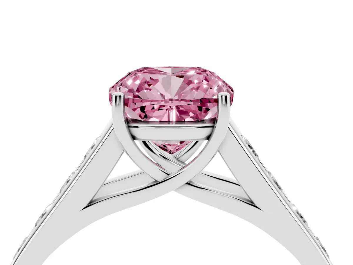 Fancy Pink Cushion Cut Solitaire Channel-Set Diamond Engagement Ring with Four-Prong Setting Silver