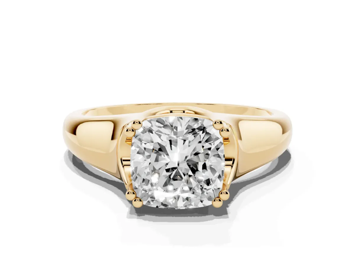 Cushion Cut Diamond Solitaire Ring with Wide Band and Prong Setting Yellow gold