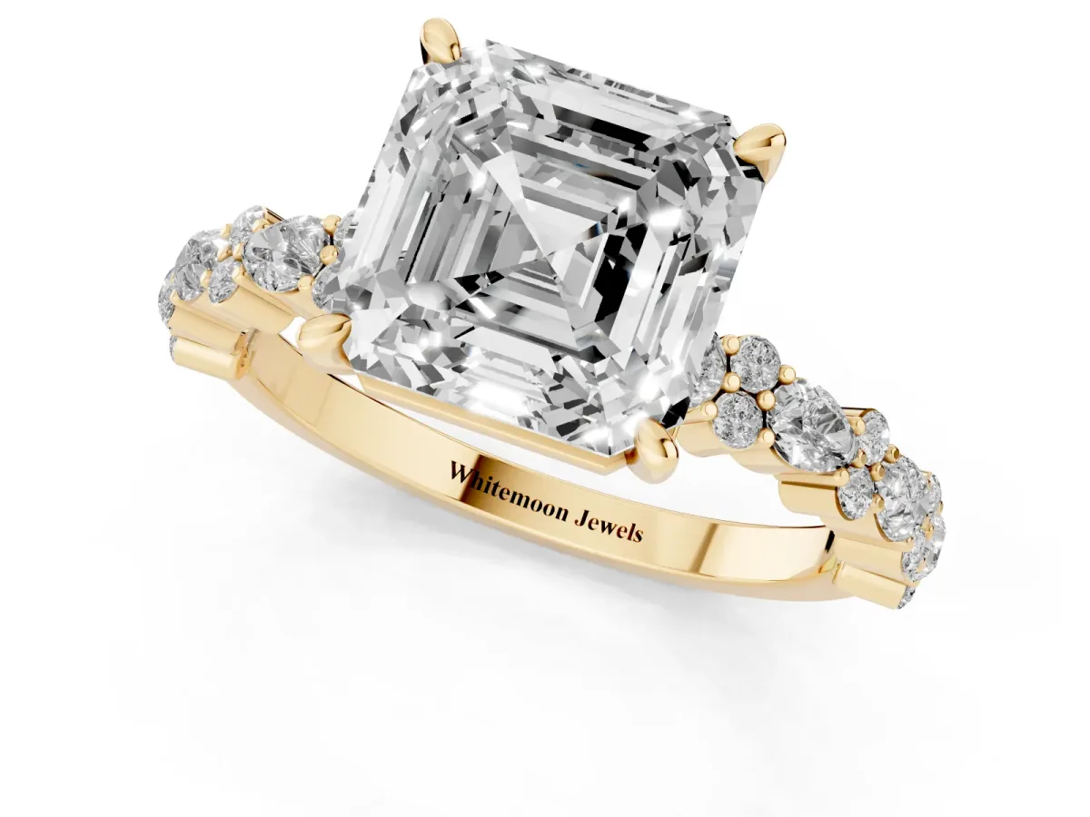 Asscher Cut Diamond Side Stone Solitaire Ring with Round and Four-Prong Setting Yellow gold