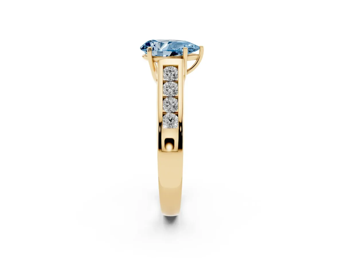 Fancy Blue Pear Cut Brilliant Channel-Set Solitaire Ring with Four-Prong Setting Yellow gold