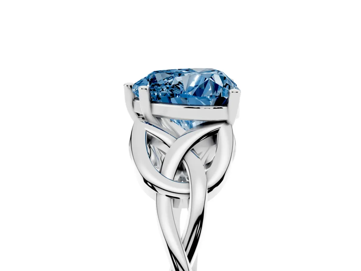Fancy Blue Heart Cut Diamond Solitaire Engagement Ring with Celtic Knot Band and Four-Prong Setting Silver