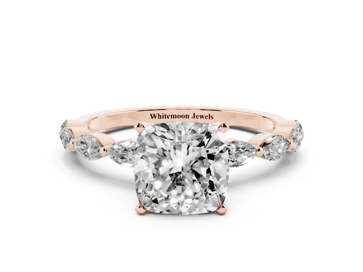 Cushion Cut Diamond Ring with Marquise Side Stones and Prong Setting Rose gold