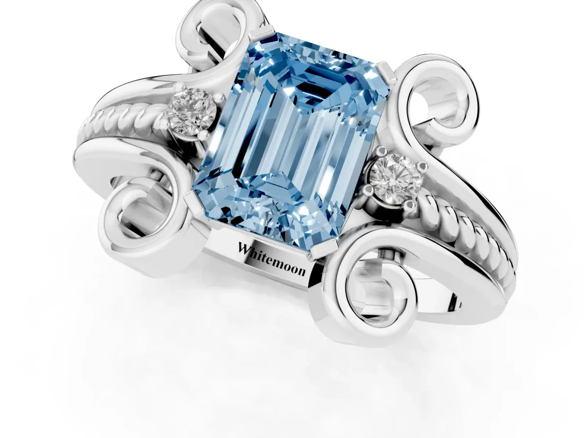 Fancy Blue Emerald Cut Solitaire Twisted Band Scroll Prong Ring Platinum